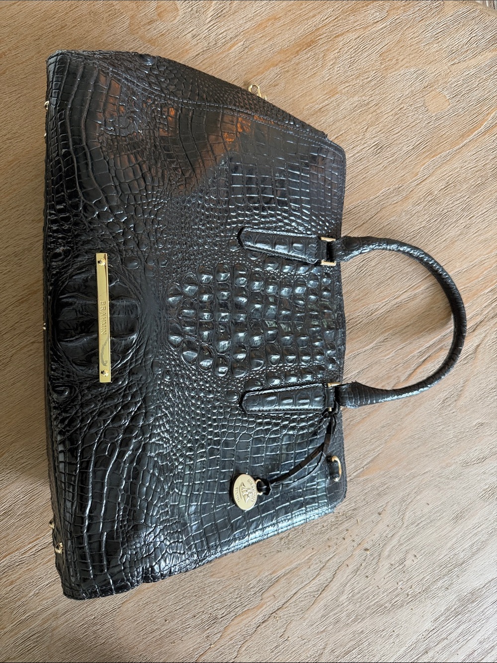 Brahmin Black Croc-Embossed Satchel with Gold Hardware